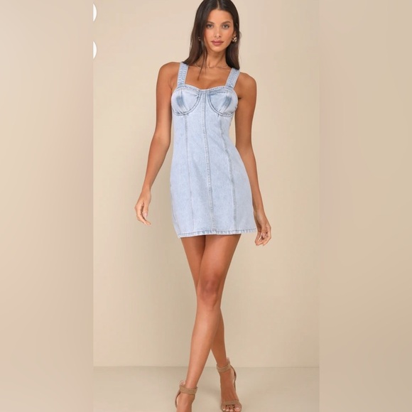 Lulu Stylish Daze Light Wash Denim Sleeveless Bustier Mini Dress in Sz L NWT - Picture 2 of 8